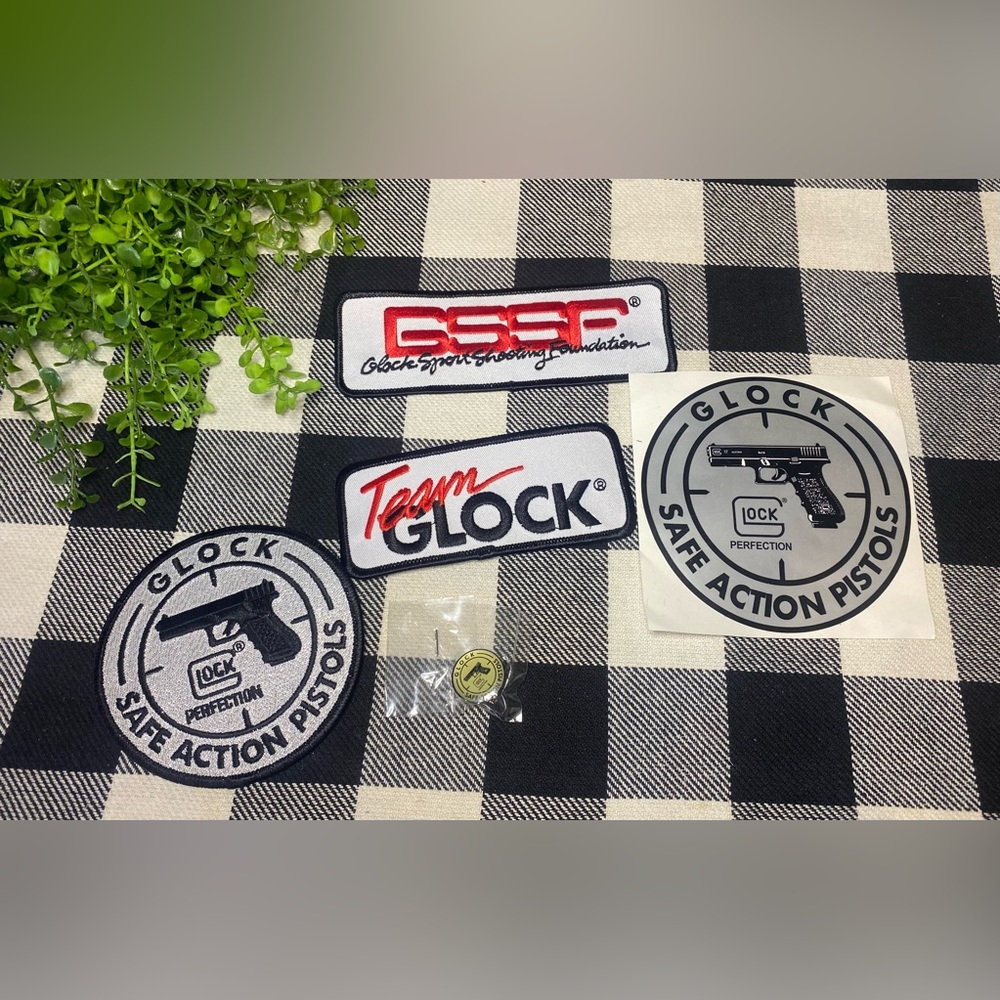 New Glock Black and White Patch Set, Lapel‎ Pin and Sticker